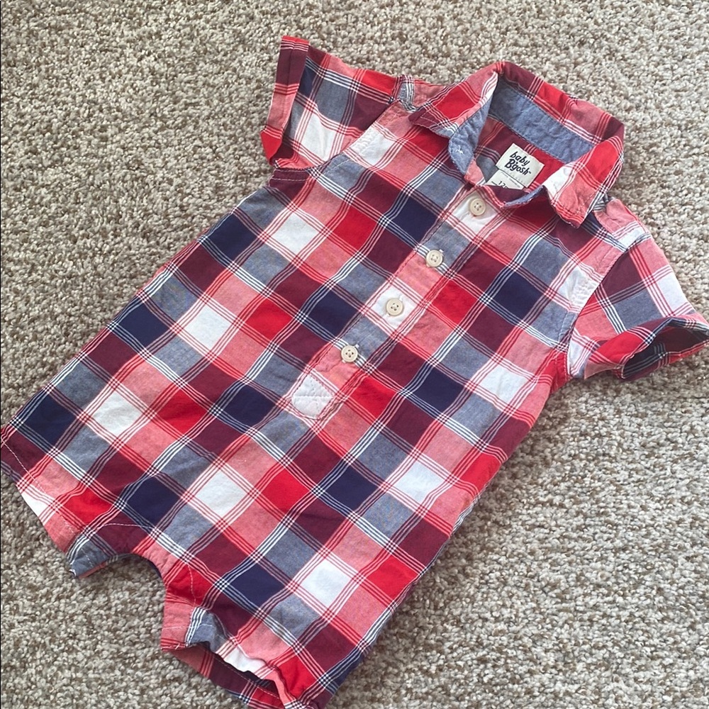 baby B’gosh Red, White, & Blue Plaid Collared Shorts Romper. 12M 4th of July